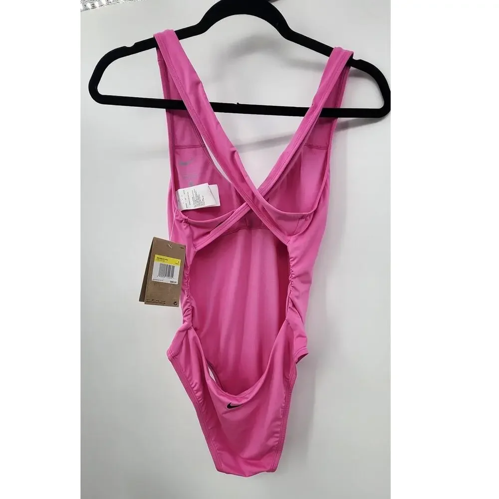 New NWT Nike Swim Multi Logo Pink Blue Women's Swimsuit One‎ Piece Size Small